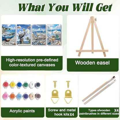 ICYANART 4 Pack Beach Paint by Numbers Kit for Adult Beach with Frame Easel - Image 4