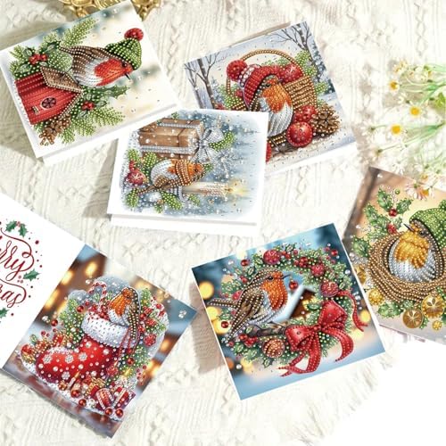 6Pcs Christmas Greeting Card DIY Diamond Art Painting Greeting Cards Blessing Folding Card Kit with White Envelopes Diamond Arts Crafts for Birthday Festival Gift-Bird02 - Image 5