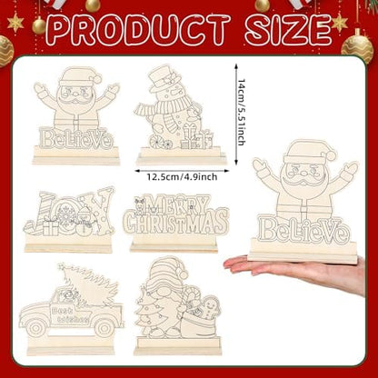 Yuntau 24 Pcs Color Your Own Christmas Table Crafts Decorations Merry Christmas DIY Paint Wooden Table Centerpiece Signs Unfinished Holiday Desktop Decor for Xmas Holiday Party Gifts Favors - Image 2