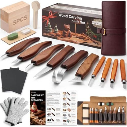 Wood Carving Kit for Beginners – 25pcs Whittling Knife Kit Wood Carving Tools with PU Leather Storage Bag, 10 Carving Knives, 6 Templates & Basswood for DIY Crafts by Unknown