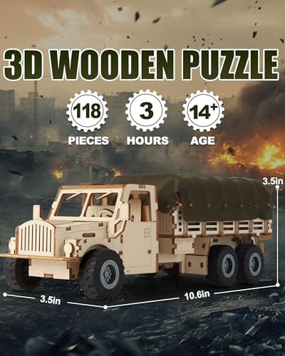 Military Truck 3D Wooden Puzzles for Adults to Build, DIY Assembly Building Toys with Pull Back Action, 118pcs Car Model Building Kits with Removable Cover, Creative Gift for Teens and Men - Image 2