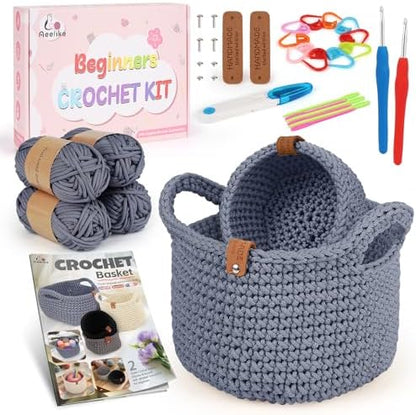 Aeelike Crochet Basket Kit for Beginners,Grey Round Basket,Gift Box Package by Aeelikescrochetworld