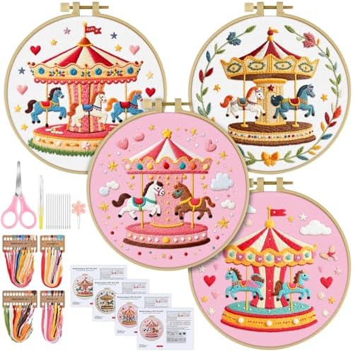 ERKOON 4 Set Embroidery Kit for Beginners, Cross Stitch Set Include Embroidery Cloth Hoops Threads for Craft Lover Hand Stitch with Embroidery Skill Techniques (Carousel) by ERKOON