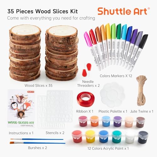Wood Slices Kit, Shuttle Art 35 PCS Unfinished Natural Wood Slices with Pre-Drilled Hole, Acrylic Paint, Permanent Markers, Jute Twine, DIY Craft for Kids Adults Holiday Decoration Christmas Ornaments - Image 3