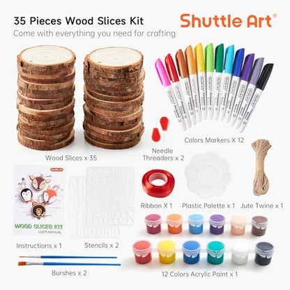 Wood Slices Kit, Shuttle Art 35 PCS Unfinished Natural Wood Slices with Pre-Drilled Hole, Acrylic Paint, Permanent Markers, Jute Twine, DIY Craft for Kids Adults Holiday Decoration Christmas Ornaments - Image 3