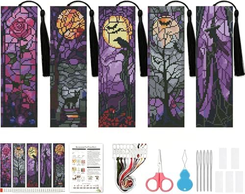 NEGEKFKX 5 Pcs Halloween Cross Stitch Bookmark Kit for Adult Beginners by NEGEKFKX