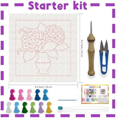 INFUNLY Hydrangea Punch Needle Kits for Beginner Adult Flower DIY Punch Needle Embroidery Starter Kits for Wall Hanging Vase Plant Needles Stitching Kit with Instruction for DIY Crafts Gift Home Decor - Image 2