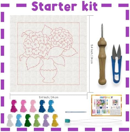 INFUNLY Hydrangea Punch Needle Kits for Beginner Adult Flower DIY Punch Needle Embroidery Starter Kits for Wall Hanging Vase Plant Needles Stitching Kit with Instruction for DIY Crafts Gift Home Decor - Image 2