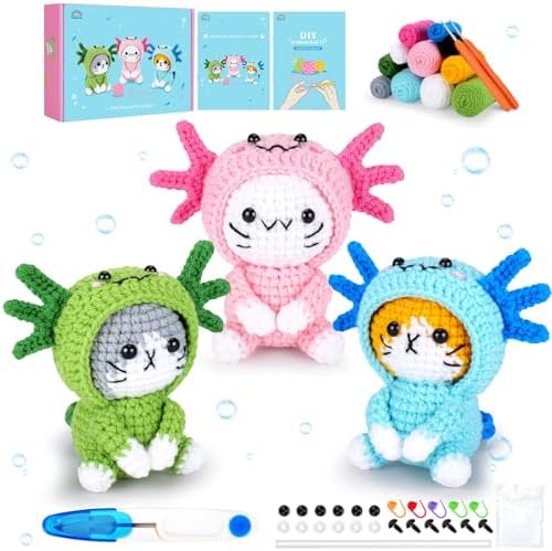 Fortuning's JDS Crochet Kit for Beginners, 3 PCS Axolotl Cat Crochet Kits by FortuningsJDS