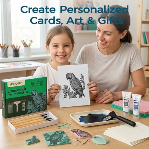 47 Pcs Linocut Kit for Printmaking, Block Printing Kit with 2 Washable Inks (Black & Blue), 4 Rubber & 4 PVC Blocks, Premium Rubber Brayer, Linocut Carving Tools - Stamp Making Kit for Beginners - Image 7