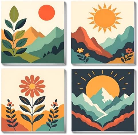 4 Pack Framed Paint by Numbers Kit for Kids & Adults Beginners, Easy Sunset Landscape Paint by Numbers Kits with Canvas Paints Brushes, Acrylic Oil Painting Arts and Crafts for Wall Decor 8 x 8 Inch by Fotasmua