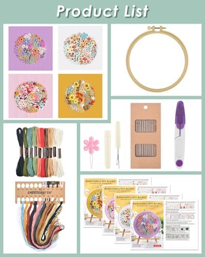 ERKOON 4 Sets Embroidery Kit for Beginners,Hummingbird and Flower Cross Stitch Set for Include Embroidery Cloth Hoops Threads for Craft Lover Hand Stitch (Flower) - Image 3