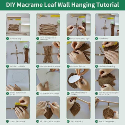 Zqyxiehuo DIY Macrame Leaf Wall Hanging Beginners Boho Wall Leaf Tapestry Kit Handmade Woven Tapestry Feather Wall Hanging DIY Macrame Kit for Adults Birthday Gift 11.8"(Gray,Yellow) - Image 3