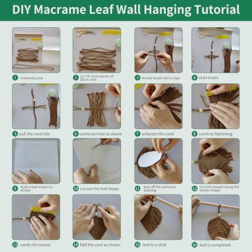 Jditngp DIY Macrame Leaf Wall Hanging Beginners Boho Wall Leaf Tapestry Kit Handmade Woven Tapestry Feather Wall Hanging DIY Macrame Kit for Adults Birthday Gift DIY Craft Kits 11.8inch (Green) - Image 3