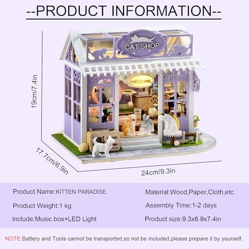 CUTEROOM Miniature House Kits for Adults, Mini Dollhouse Wooden Furniture Kit, DIY Craft Kits Creative Room Tiny House for Decoration-Kitten Paradise - Image 2