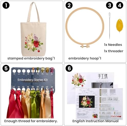 CREAWONDER Canvas Tote Bag Embroidery Kit with Pattern for Beginners, Arts and DIY Embroidery Crafts Kits for Adults, Include Instructions, Embroidery Hoops, Color Threads and Tool - Image 4
