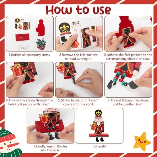 Fiupan Christmas Nutcracker Felt Craft Kit, 24Sets DIY Nutcracker Black Green Red Beaded Ornaments Decor, Winter Xmas Holiday Party Favors Classroom Art Activities Decoration for Home School - Image 3