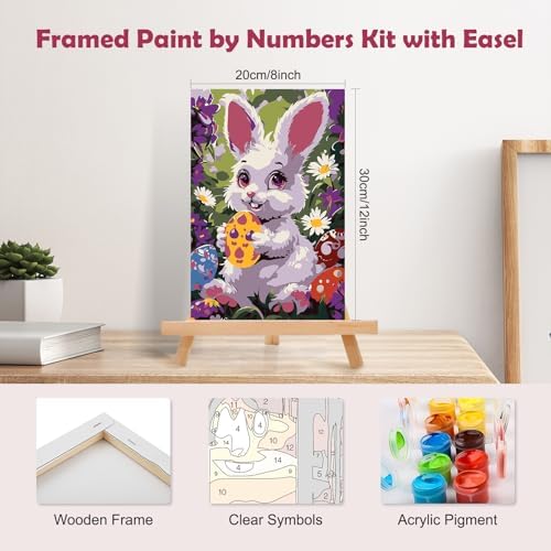 MOGTAA Easter Bunny Paint by Numbers Kit for Adults Beginners with Frame, Easter Eggs Adult Paint by Number Kits on Canvas with Easel, Easy DIY Flowers Oil Painting Kits for Home Decor, 8x12in - Image 2