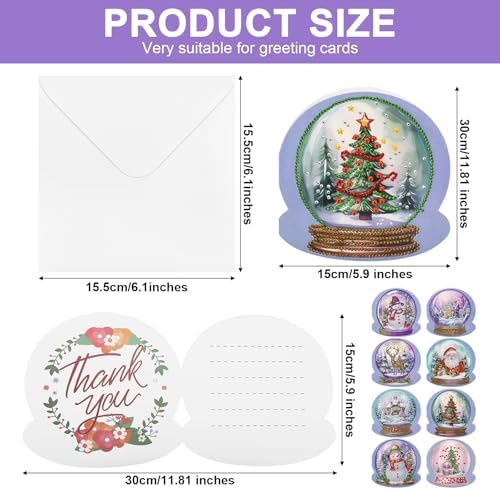 MUNORIAY 8 Pack Christmas Diamond Painting Greeting Card Kits DIY Diamond Art Christmas Cards with Envelopes Xmas 5D Rhinestones Painting Folding Card for Adults DIY Craft Family Friend Xmas Gifts - Image 7