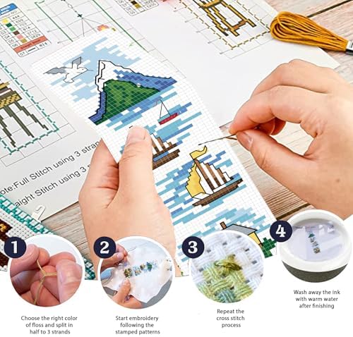 FREEBLOSS 6 Set Cross Stitch Bookmark Kit Stamped Cross Stitch Kit Ocean View Theme Embroidery Set with Instruction for Adults 8''*2.4'' - Image 4