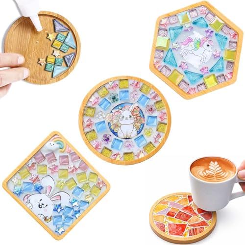 GHAHILI 3 Sets DIY Mosaic Kits for Adults Women Glass Mosaic Tiles for Crafts with Wooden Coasters Mosaic Art Kits Craft Mixed Color Handmade Making Kit Set Decorations for Home Gifts by Unknown
