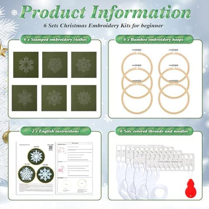 Roowest 6 Sets Christmas Embroidery Kits Snowflake Ornament DIY,Green - Image 2