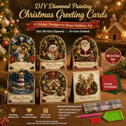 6 Pack Christmas Diamond Painting Cards with Envelopes, Pearl Art Kit - Image 3
