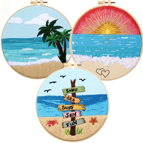 Beach Embroidery Kits for Beginners Adults, Coastal Hand Embroidery Set Needlepoint Kits, Sea Sunrise Stamped Cross Stitch Kits for Beginner Adults, 3 Embroidery Hoop, Fabric (Attached Video Tutorial) by Armindou