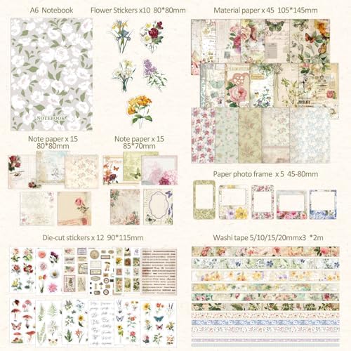Vintage Botanical Scrapbooking Supplies Kit, Aesthetic Flower Scrapbook Kit for Bullet Junk Journal, 12 Rolls Washi Tape, Stickers Papers for DIY Journaling Supplies, Craft Gift for Girl Women - Image 2