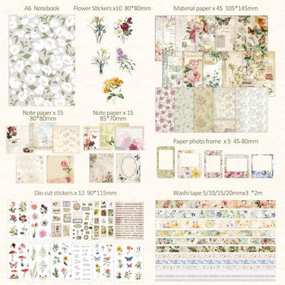 Vintage Botanical Scrapbooking Supplies Kit, Aesthetic Flower Scrapbook Kit for Bullet Junk Journal, 12 Rolls Washi Tape, Stickers Papers for DIY Journaling Supplies, Craft Gift for Girl Women - Image 2