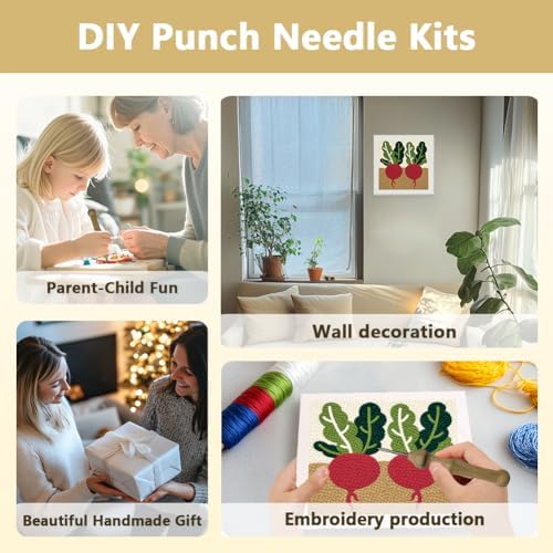 Doodlream Fresh Radish Needle Kit for Beginner, 9.4"x 9.4" Vegetable in Soil Punch Stitching Craft Set, Color DIY Embroidery Starter with Printed Frame, Instruction, Threader, Yarn, Pinch Needle - Image 4