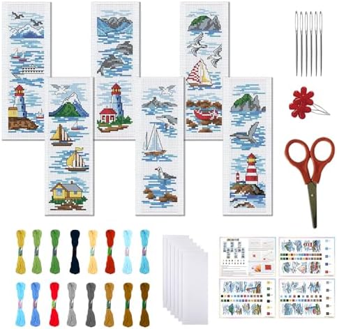 FREEBLOSS 6 Set Cross Stitch Bookmark Kit Stamped Cross Stitch Kit Ocean View Theme Embroidery Set with Instruction for Adults 8''*2.4'' by FreeandCreativeCraftsArt
