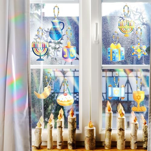 Dunzoom 30 Set Hanukkah Craft Kit Chanukah Suncatchers Kits Window Art Menorah Dreidel DIY Make Your Own Paint Suncatcher Ornaments for Jewish Hanukkah Art Craft Activity - Image 4