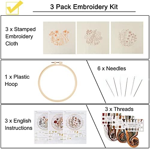 Uphome 3 Pack Embroidery Starter Kit for Beginners Stamped Cross Stitch Kits with Cute Flowers and Plants Patterns with 1 Embroidery Hoop and Color Threads for Adults Kids - Image 3