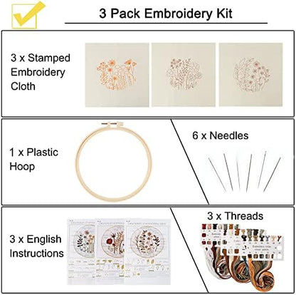 Uphome 3 Pack Embroidery Starter Kit for Beginners Stamped Cross Stitch Kits with Cute Flowers and Plants Patterns with 1 Embroidery Hoop and Color Threads for Adults Kids - Image 3