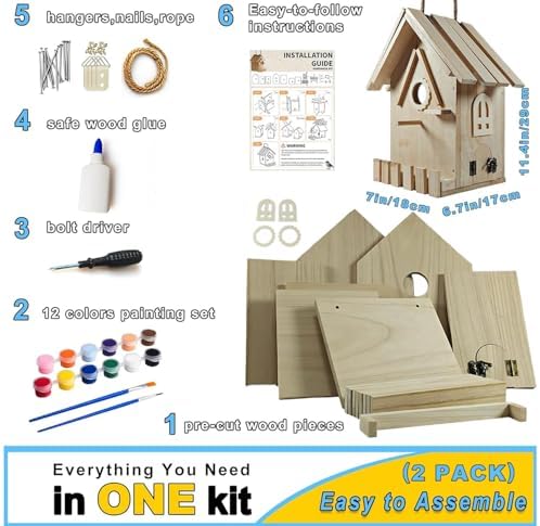 Wooden Bird Houses Kit for Kids and Adults, DIY Craft for Adults with Paint Set, Art Craft Outdoor Birdhouse, Hanging Birdhouse for Garden Yard Decor (2 Pack) - Image 2