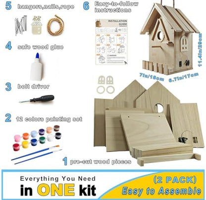 Wooden Bird Houses Kit for Kids and Adults, DIY Craft for Adults with Paint Set, Art Craft Outdoor Birdhouse, Hanging Birdhouse for Garden Yard Decor (2 Pack) - Image 2