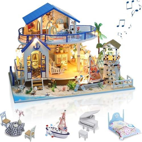 GuDoQi DIY Miniature Dollhouse Kit, Miniature House Kit 1:24 Scale,Tiny House kit with Music and Furniture Kit, Great Gift for Birthday Christmas, Blue Sea Legend by GuDoQi