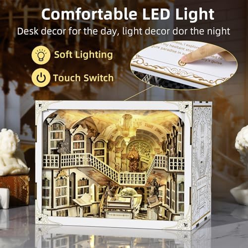 MiniCity Library of Gods Book Nook Kit, DIY Wooden Miniature Scene with LED - Image 6