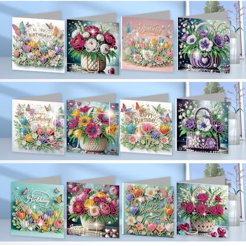 jinglinhh 12pcs Diamond Art Painting Flower Bouquet Handbag Greeting Cards with Envelopes, DIY Card Making Kits for Adults, Diamond Art Postcards Christmas Cards Craft Gifts - Image 5