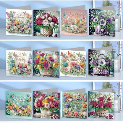 jinglinhh 12pcs Diamond Art Painting Flower Bouquet Handbag Greeting Cards with Envelopes, DIY Card Making Kits for Adults, Diamond Art Postcards Christmas Cards Craft Gifts - Image 5