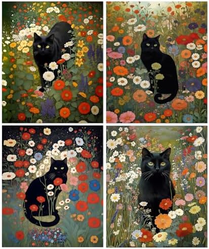 sdfkmlcdl Vintage Moody Black Cat Diamond Art Kits for Adults, Dark Cottagecore Flower Black Cat Full Drill Diamond Painting Kits for Adults Beginners 4 Pack, 9.8x11.8 Inch by Unknown