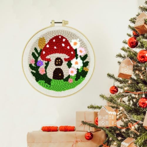 DIY Punch Needle Kit for Beginners, All-in-One Embroidery Starter Set for Adults & Teens with Pre-Stamped Fabric, Soft Yarn & Adjustable 7.87IN Hoop for Wall Art & Home Decor Craft (Red Mushroom) - Image 3