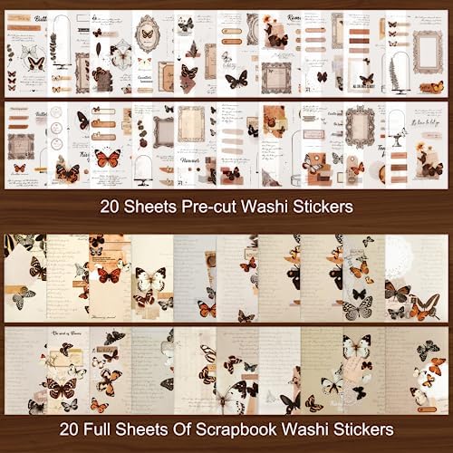 Dizdkizd Washi Stickers for Journaling, Vintage Ephemera Book for Scrapbooking with 180pcs Butterfly Stickers and 20 Sheets Adhesive Scrapbook Papers, Junk Journal Supplies - Image 2