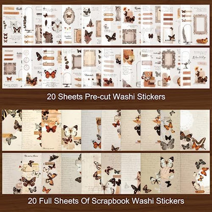Dizdkizd Washi Stickers for Journaling, Vintage Ephemera Book for Scrapbooking with 180pcs Butterfly Stickers and 20 Sheets Adhesive Scrapbook Papers, Junk Journal Supplies - Image 2