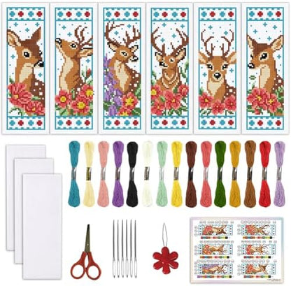 ORIGACH 6 Set Deer & Flower Cross Stitch Bookmark Kit for Beginner by ORIGACH