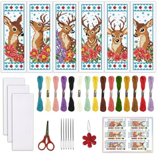 ORIGACH 6 Set Deer & Flower Cross Stitch Bookmark Kit for Beginner by ORIGACH