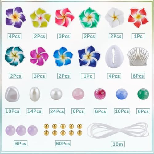 SUNNYCLUE 1 Box 174Pcs DIY 6 Sets Bracelet Making Kit Plumeria Flower Beads Polymer Clay Beads Summer Ocean Hawaiian Shell Bead Imitation Pearl Beads for Jewelry Making Kits Adult Women Gifts Supplies - Image 2