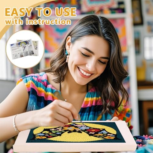DOODLREAM Flower Bat Full Moon Needle Kit for Beginner, 9.4"x 9.4" Cartoon Halloween Punch Stitching Craft Set, DIY Embroidery Starter with Printed Frame, Instruction, Threader, Yarn, Punch Needle - Image 3