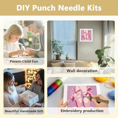 DOODLREAM Pink Ballet Slippers Needle Kit for Beginner, 9.4"x 9.4" Elegant Dance Punch Stitching Craft Set, DIY Embroidery Starter with Printed Frame, Instruction, Threader, Yarn, Punch Needle - Image 4